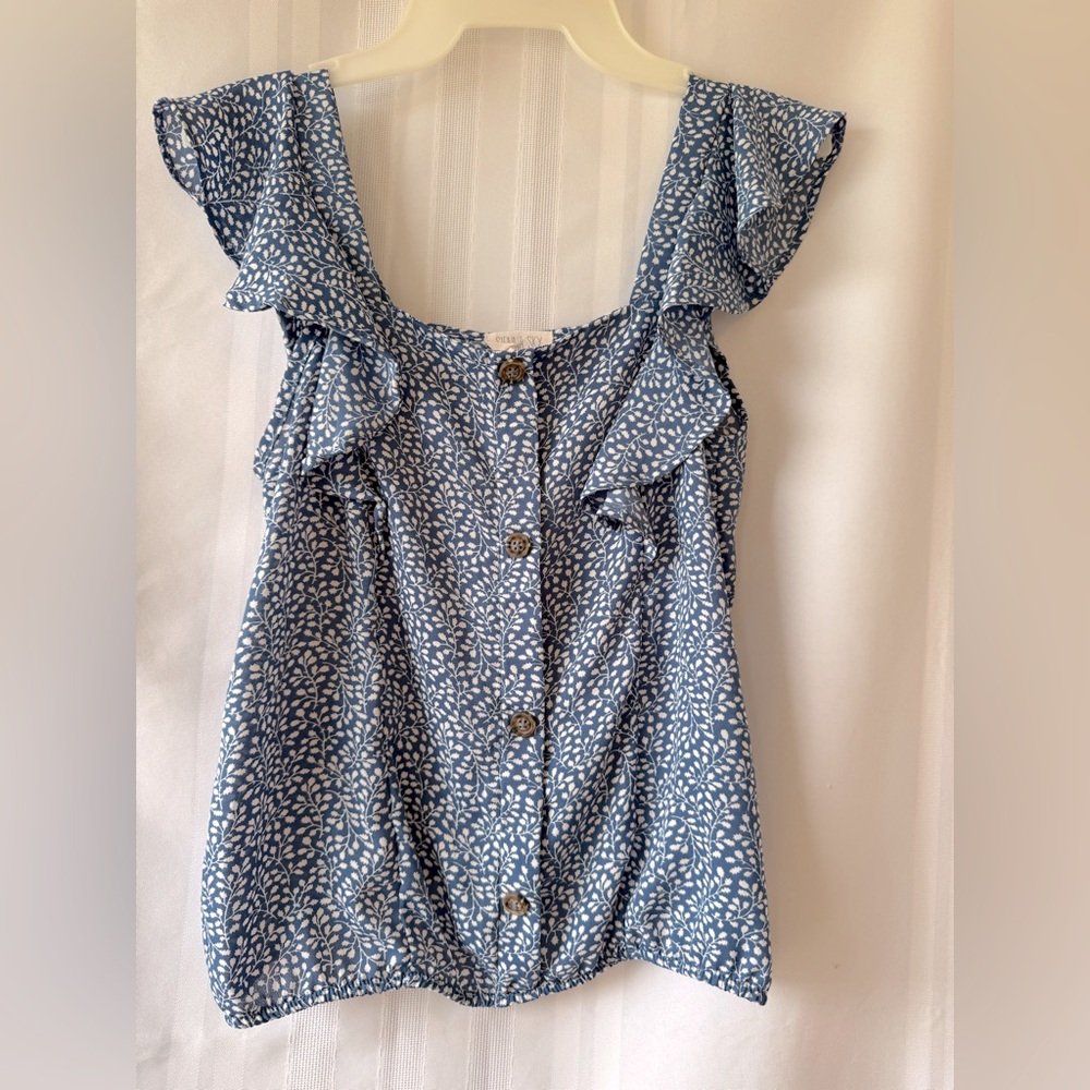 Sienna Sky Blue & White Floral Ruffle Sleeved Button down Blouse
Size Small 
EUC
